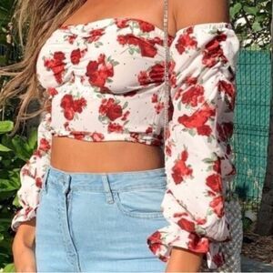 Brand New Parisian Off White Red Floral Ruched Detail Bardot Top Size 2